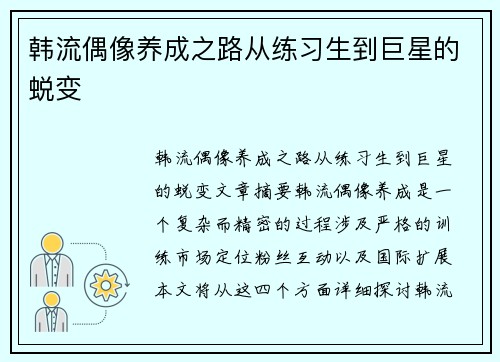 韩流偶像养成之路从练习生到巨星的蜕变